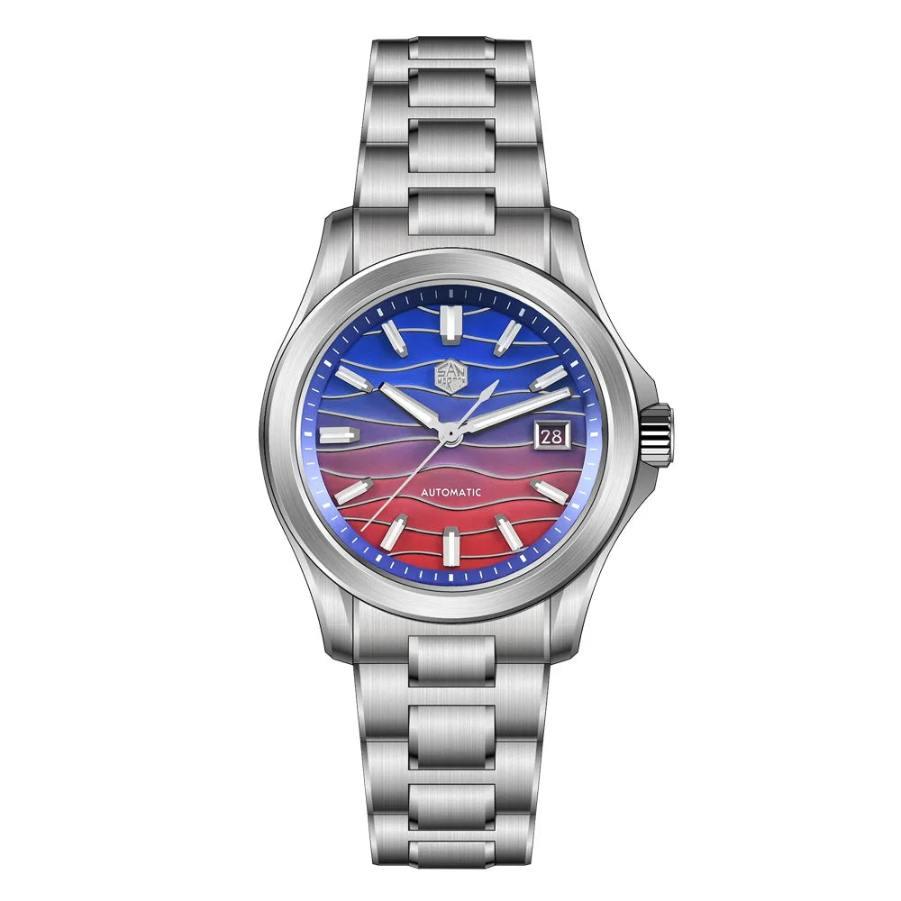 San Martin SN0150 Gada Kleiduhr Guilloché Perlmutt Blau-Rot